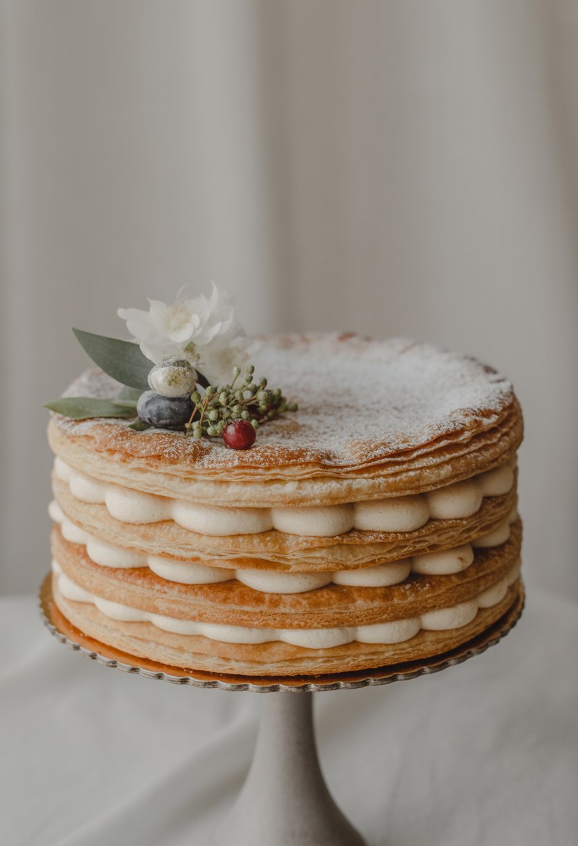 A multi-tiered puff pastry layered cake decorated with white flowers and berries on a white cake stand.