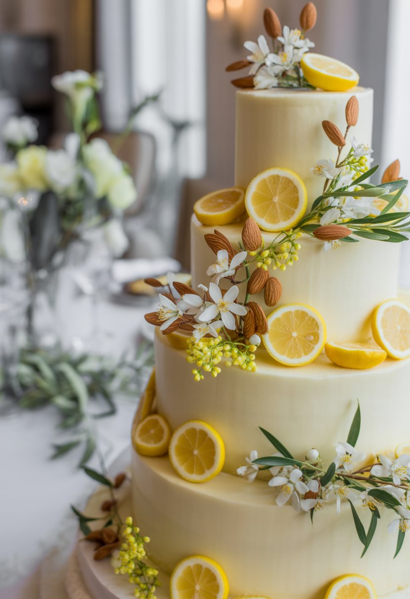 A multi-tiered wedding cake decorated with lemon slices and almond blossoms on a table at a wedding reception.