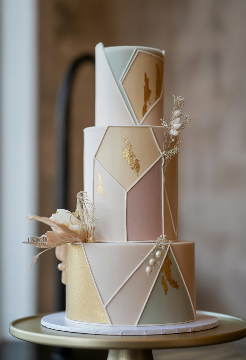 A multi-tiered wedding cake with smooth geometric patterns and elegant decorations on a cake stand.