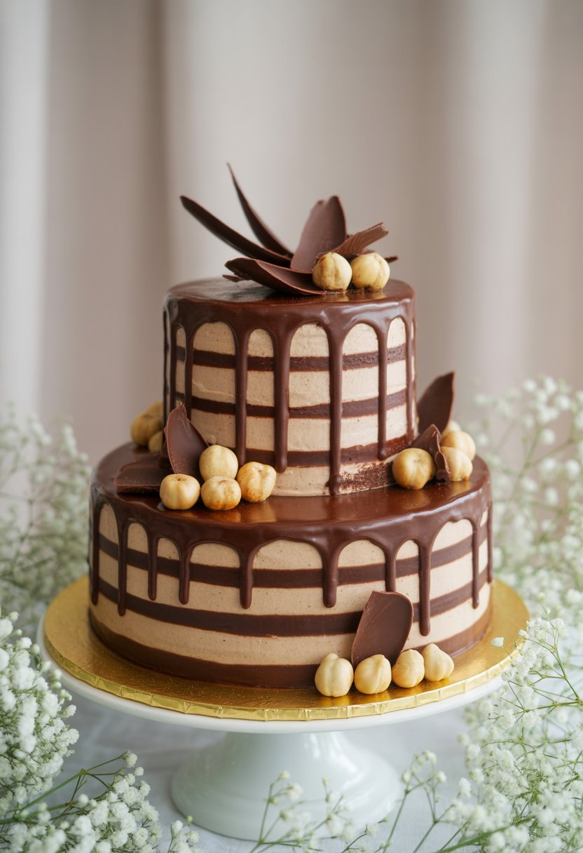 A multi-tiered chocolate and hazelnut cream wedding cake decorated with chocolate shavings and whole hazelnuts on a white cake stand.