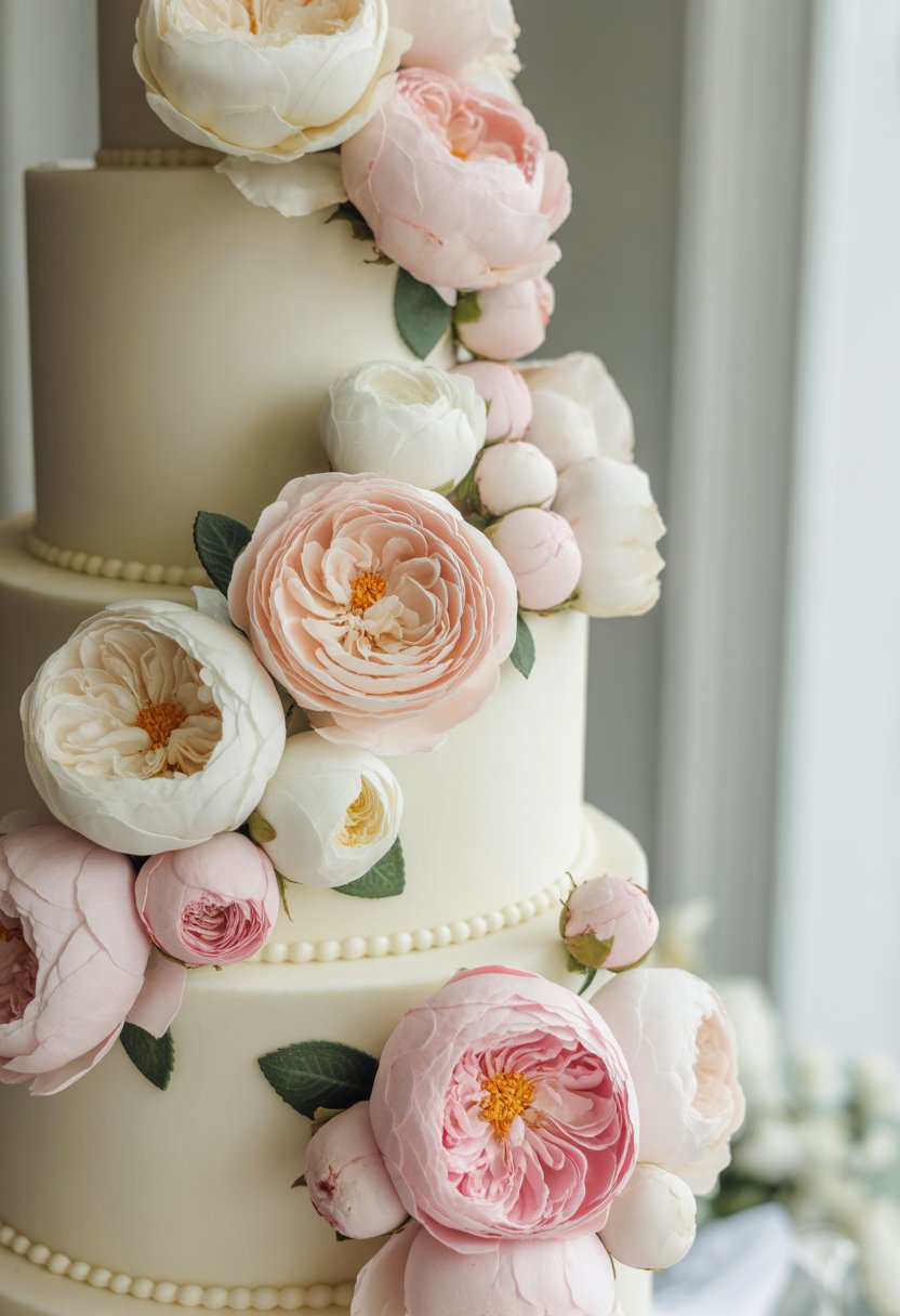 A multi-tiered white wedding cake decorated with pink and cream roses and peonies.