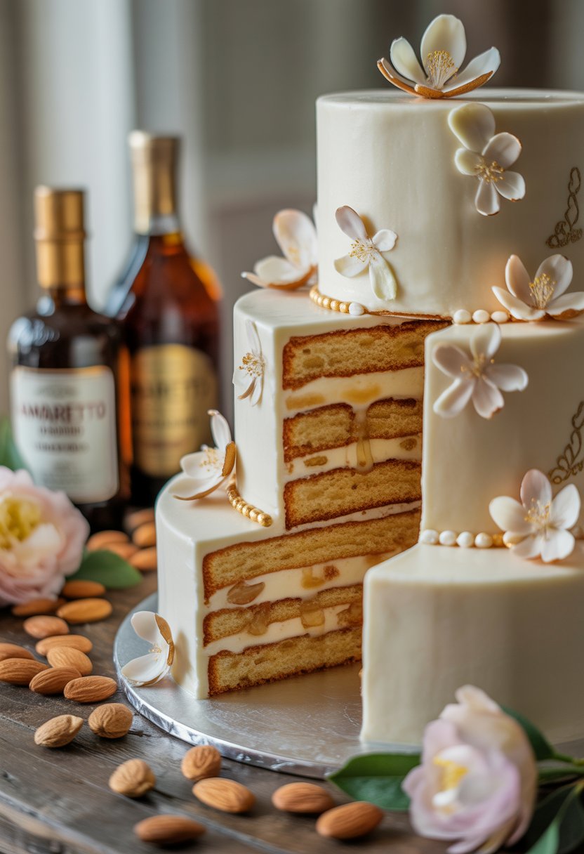 A multi-tiered Italian wedding cake decorated with almond blossoms and gold accents, displayed on a wooden table with almonds and flowers.