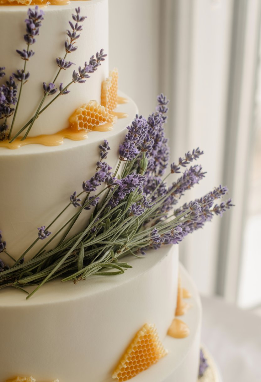 A multi-tiered wedding cake decorated with lavender flowers and honey-colored accents on a white surface.