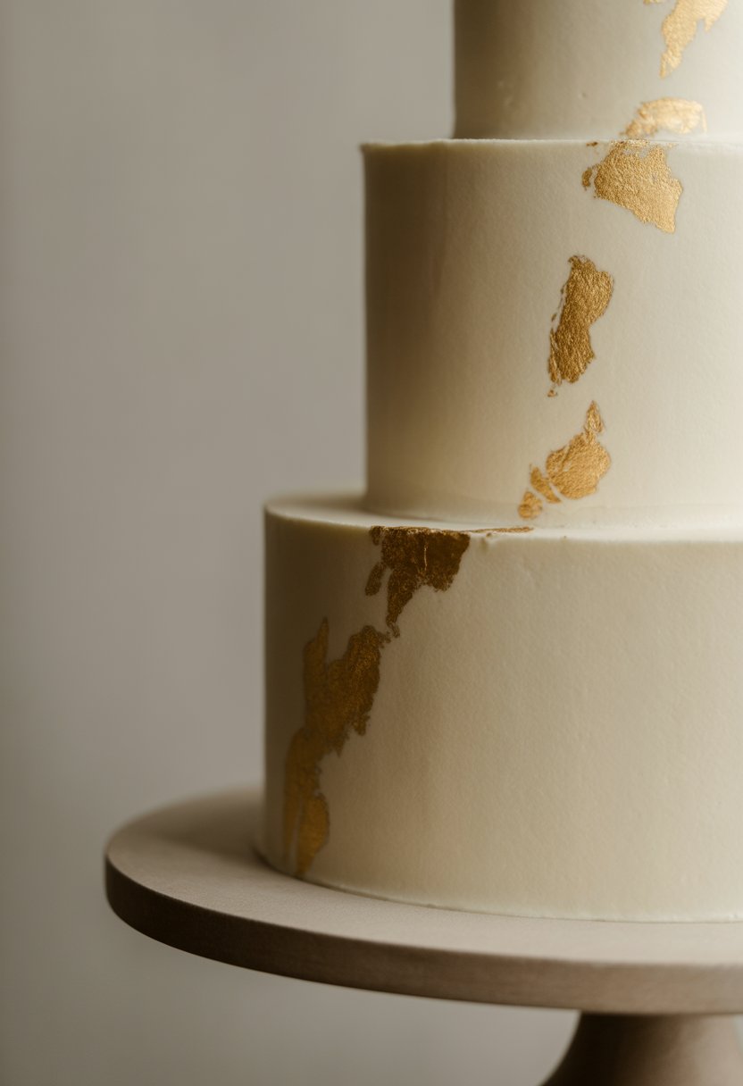 A multi-tiered white wedding cake with smooth frosting and gold leaf accents on a simple stand.
