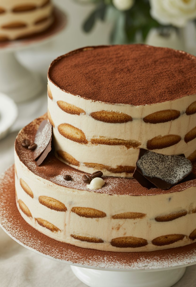 A multi-tiered tiramisu-inspired layered cake decorated with cocoa powder and chocolate shavings on a white cake stand, set against a softly blurred background.