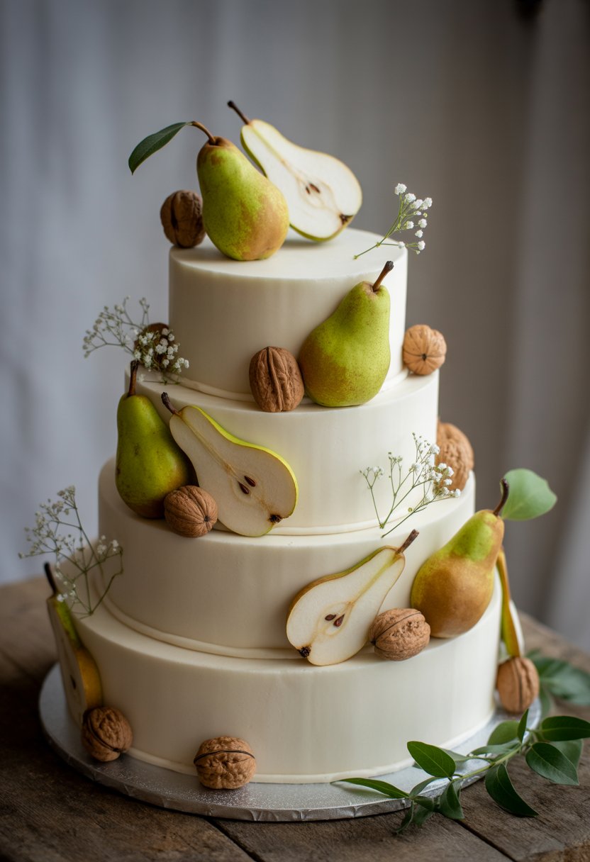 A multi-tiered wedding cake decorated with pear slices, walnuts, and edible flowers on a wooden table.