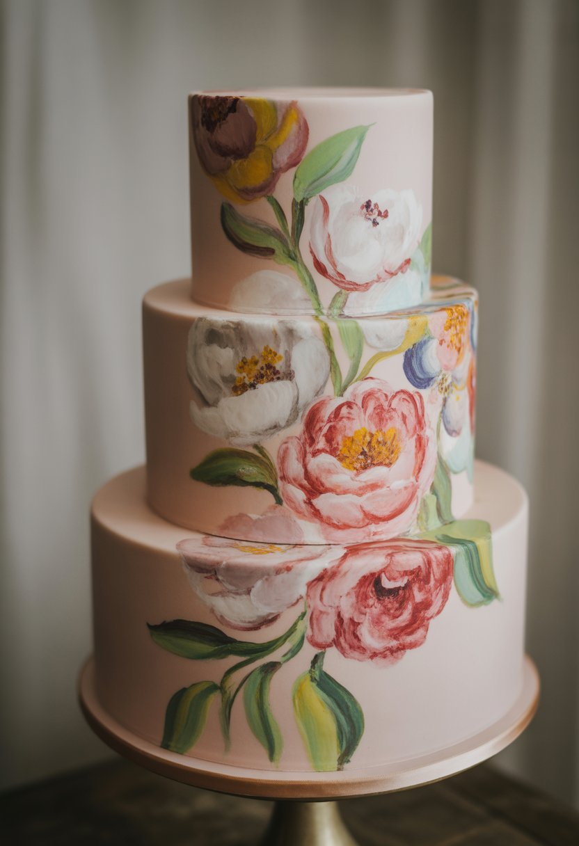 Multi-tiered wedding cake decorated with colorful hand-painted flowers on smooth fondant.