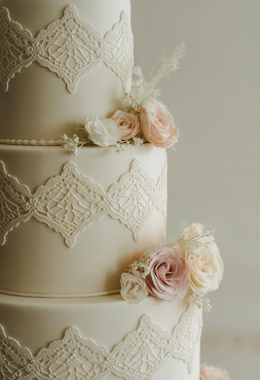 A multi-tiered white wedding cake decorated with intricate lace patterns and delicate pastel flowers.
