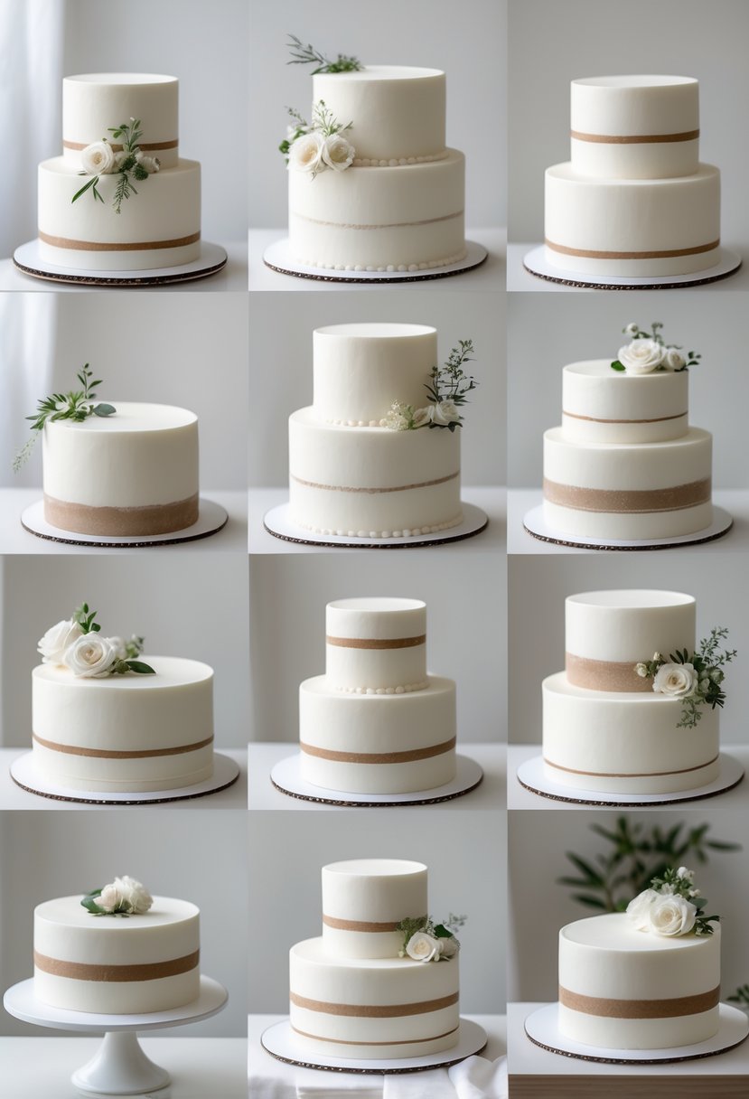 Seventeen simple and elegant wedding cakes arranged on a white surface, each decorated with subtle flowers or greenery.