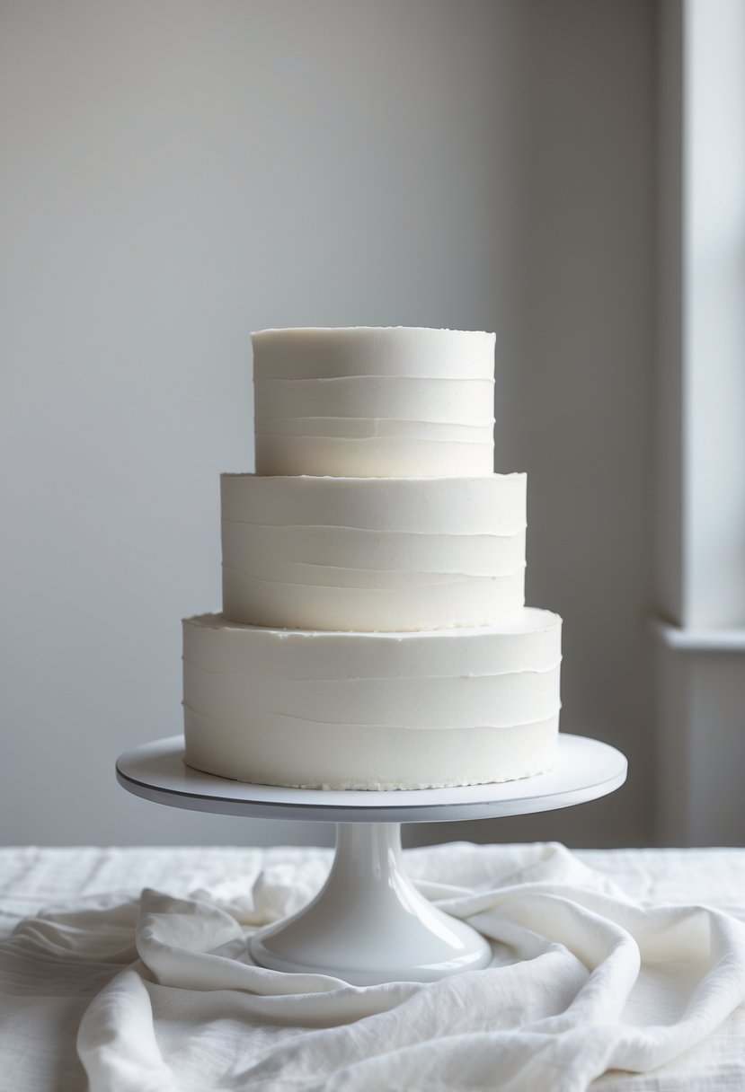 A three-tier white buttercream wedding cake with smooth frosting on a white cake stand against a neutral background.