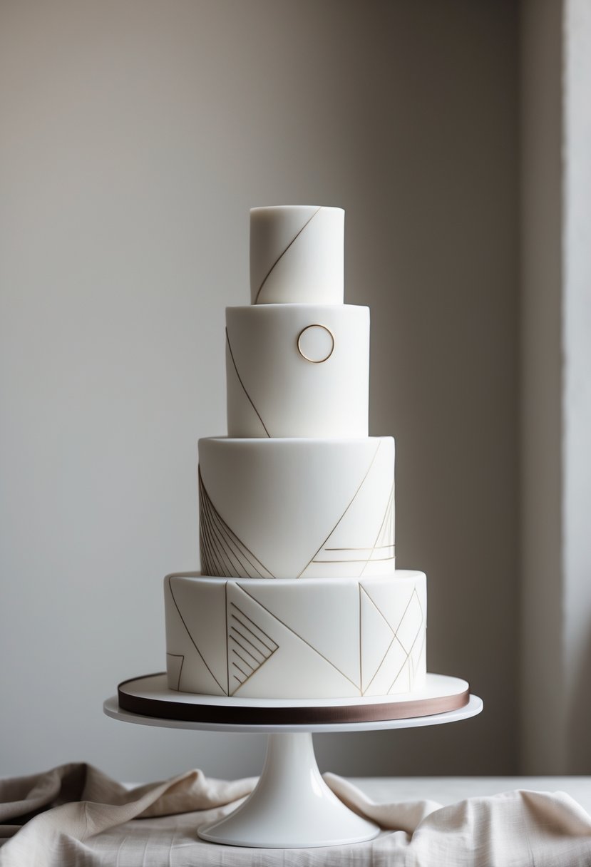 A multi-tiered white wedding cake decorated with geometric patterns on a white cake stand against a neutral background.