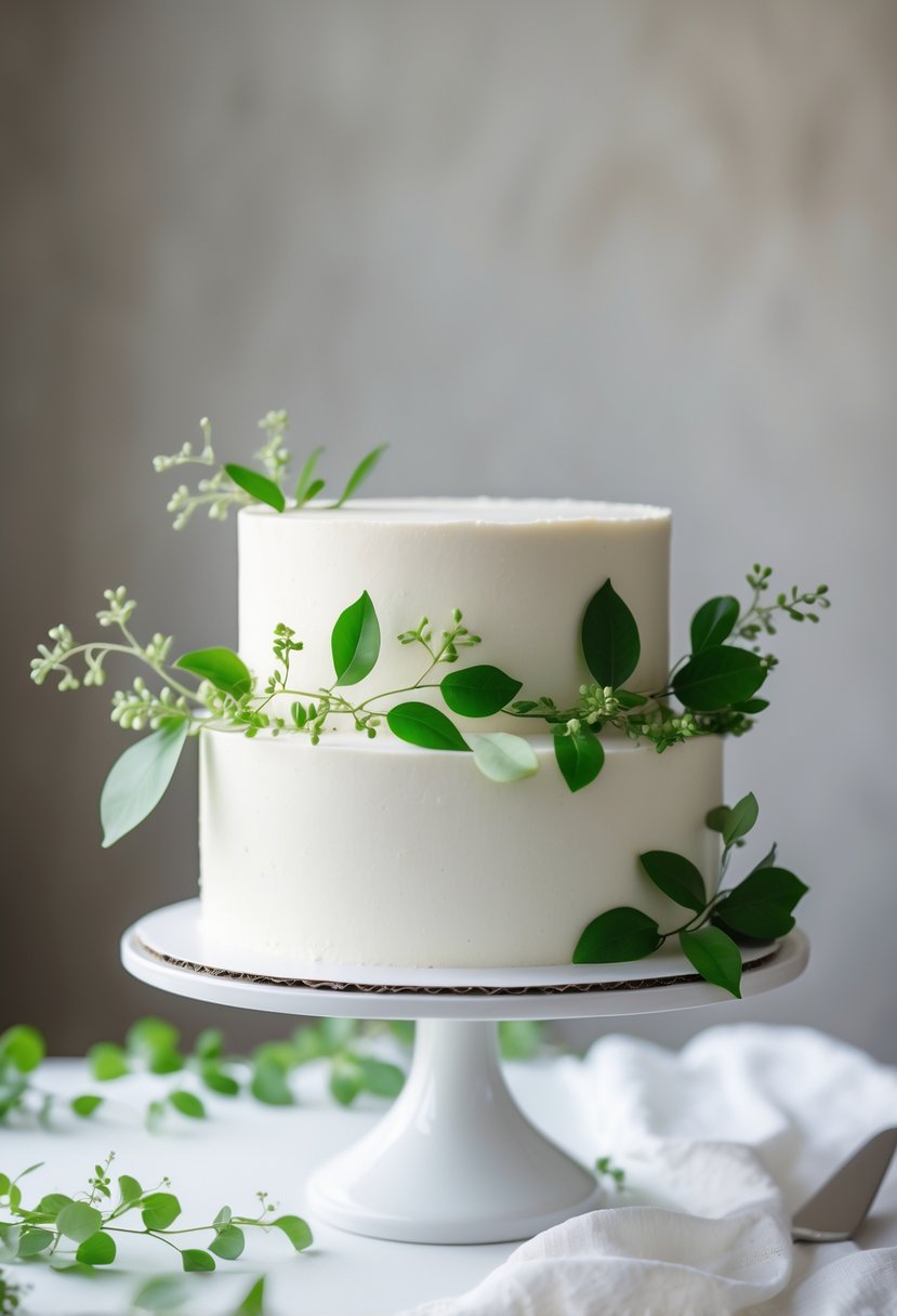 A single-tier white wedding cake decorated with fresh green leaves on a white surface.