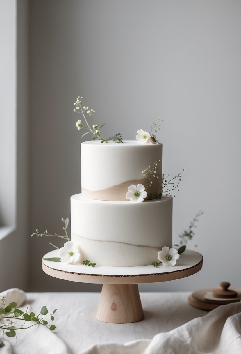 A simple white wedding cake decorated with small green leaves and white flowers on a light stand against a neutral background.