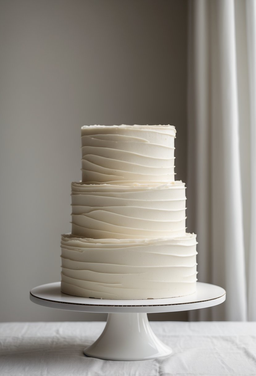 A tall cream cheese frosting wedding cake with smooth layers on a white cake stand against a neutral background.