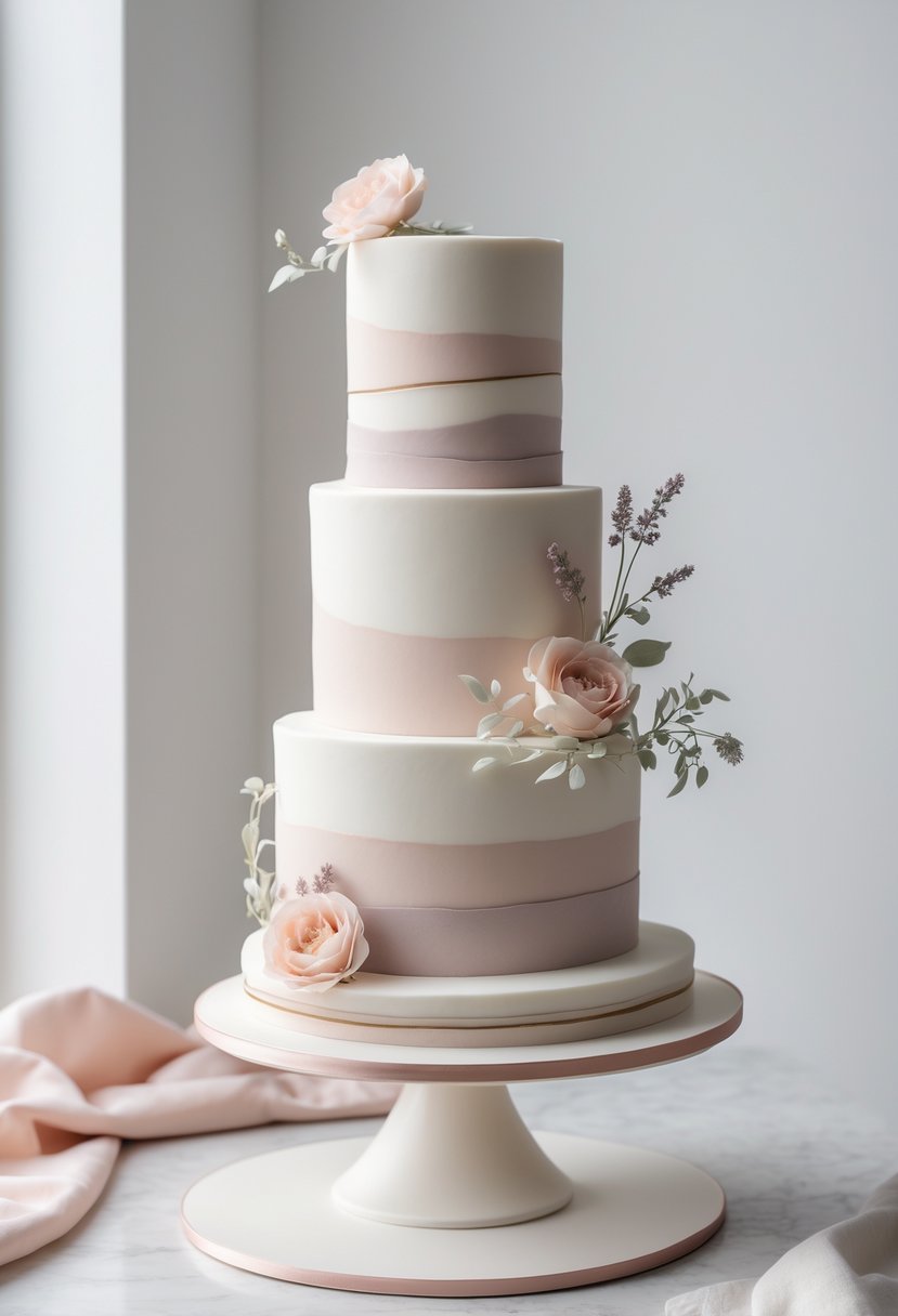 A multi-tiered wedding cake with neutral colors and soft pastel floral decorations on a simple background.