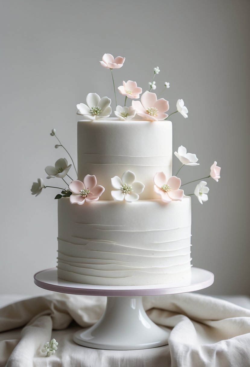 A white wedding cake decorated with small delicate sugar flowers on a white stand against a plain background.