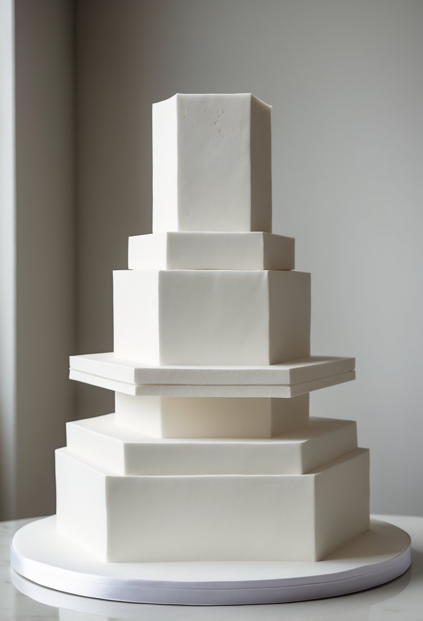 A multi-layered white wedding cake with sharp edges displayed on a neutral background.