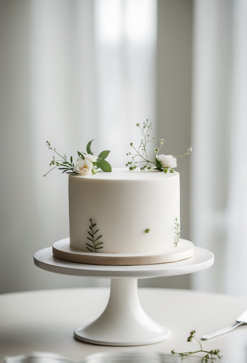 A small white wedding cake decorated with fresh flowers on a table with soft lighting.