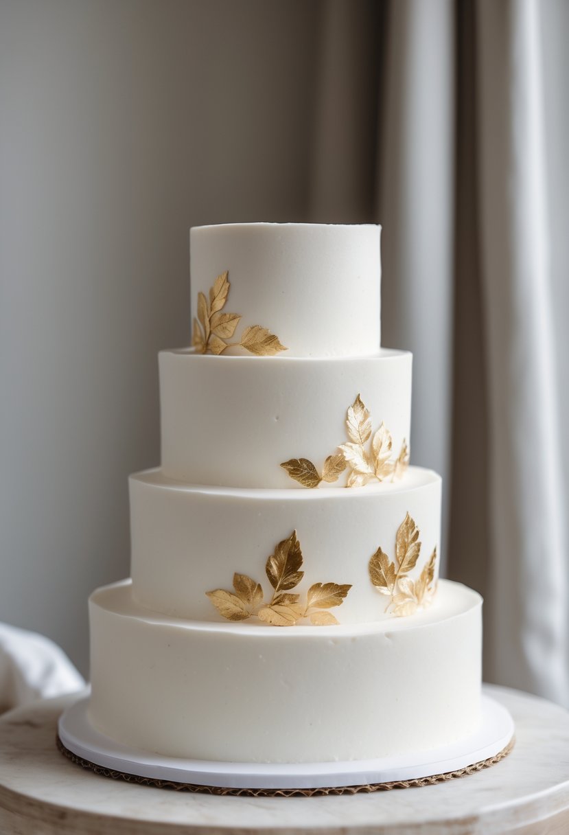 A multi-tiered white wedding cake with smooth frosting and delicate gold leaf accents.