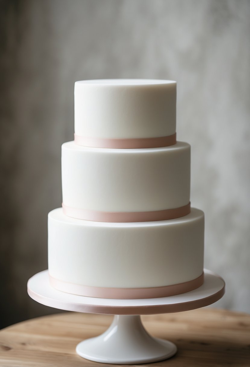 A three-tier white wedding cake with smooth fondant and a thin pastel ribbon around each tier placed on a white cake stand on a wooden table.