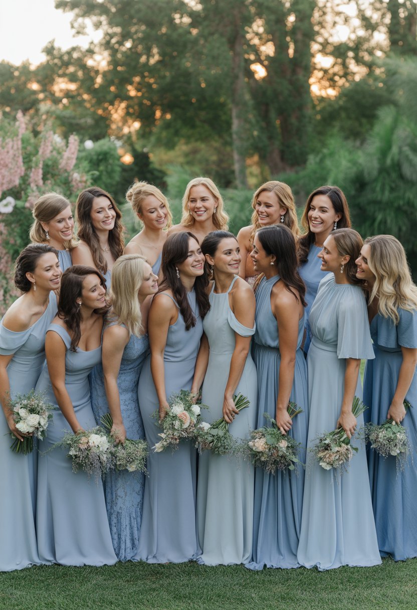 Thirteen bridesmaids wearing dusty blue dresses standing together outdoors, holding bouquets and smiling.
