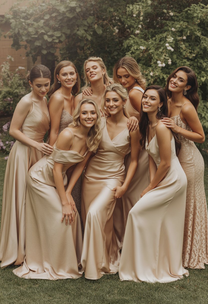 A group of bridesmaids wearing champagne-colored dresses standing together outdoors in a garden setting.