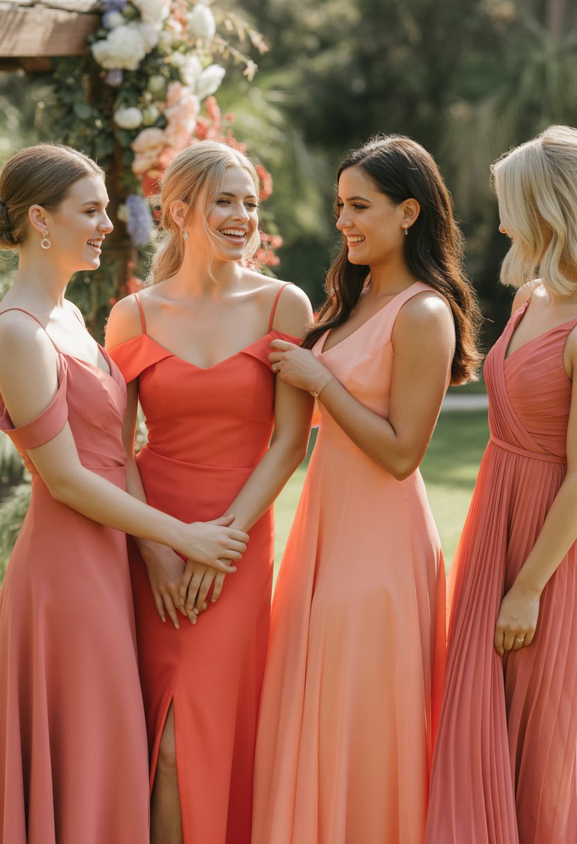 A group of women wearing coral-colored bridesmaid dresses standing together outdoors in a garden, smiling and interacting.