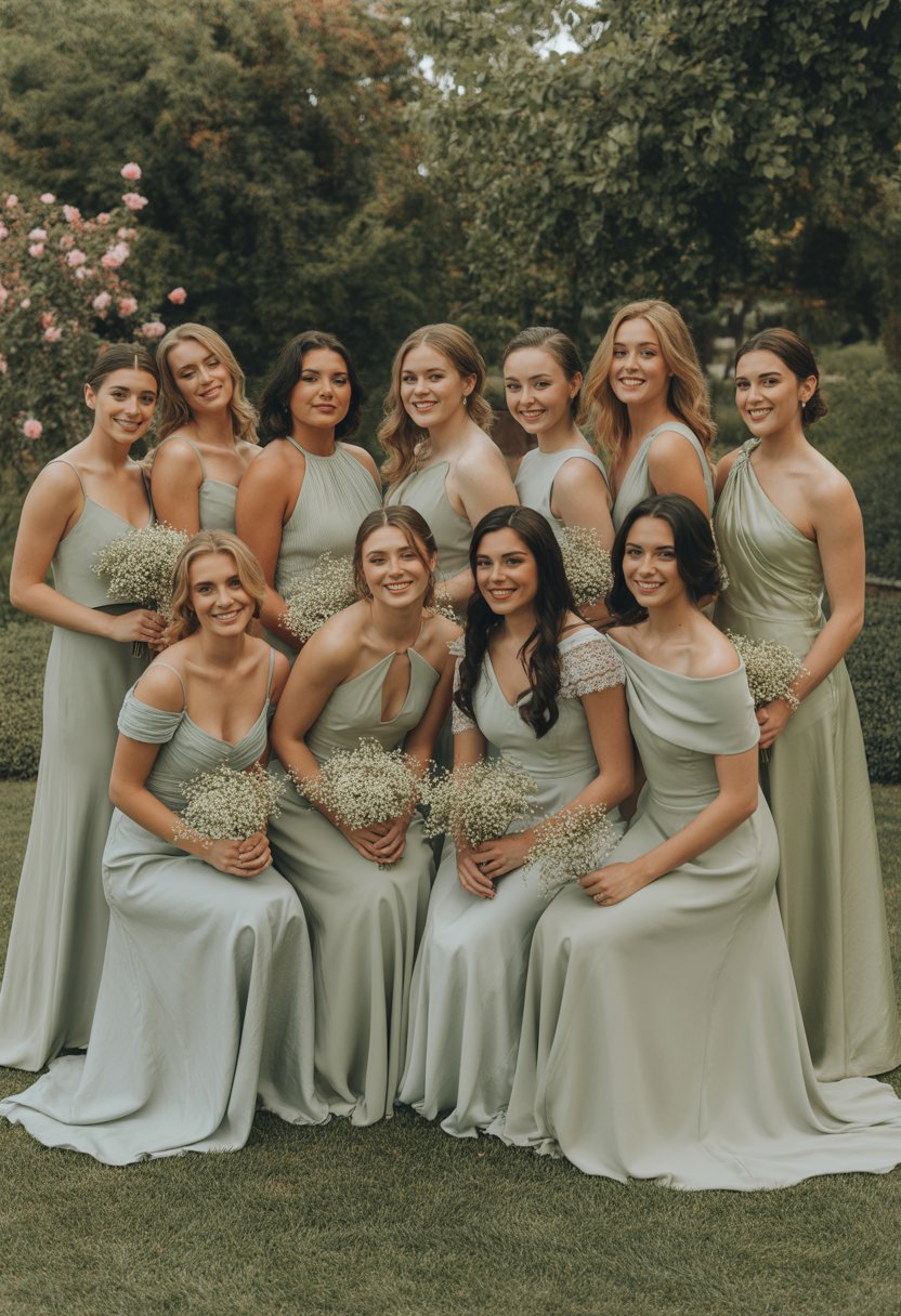 Thirteen women wearing light sage green dresses standing together outdoors in a garden with flowers and greenery.