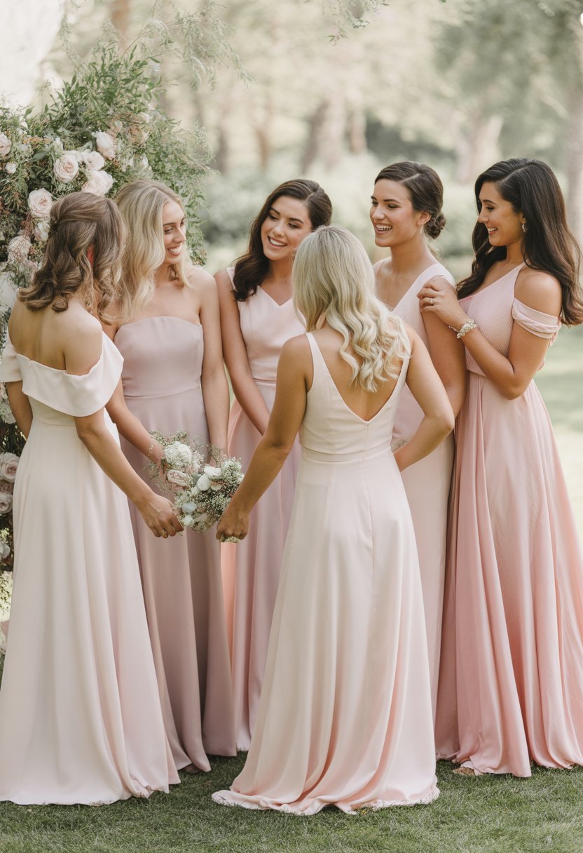 A group of bridesmaids wearing blush pink dresses standing outdoors surrounded by greenery and flowers, smiling and interacting.
