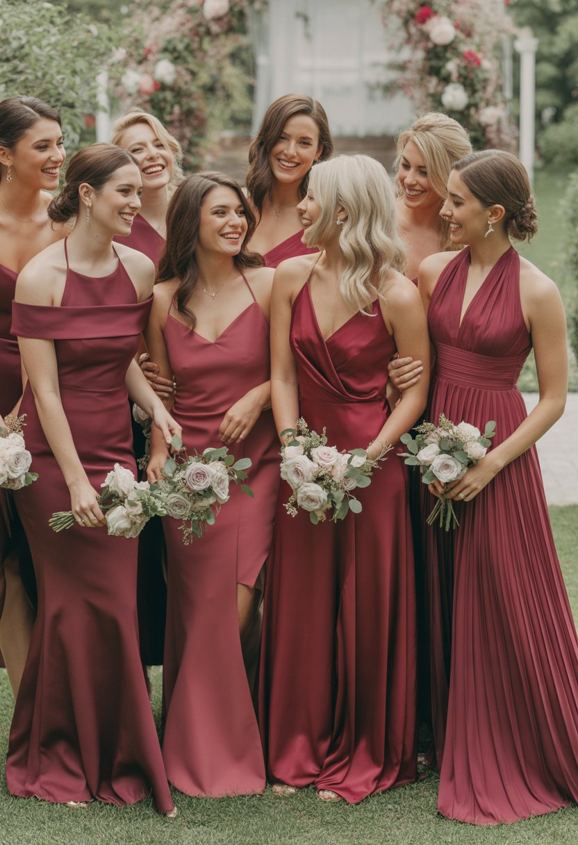 A group of bridesmaids wearing burgundy dresses standing together outdoors, holding flower bouquets and smiling.