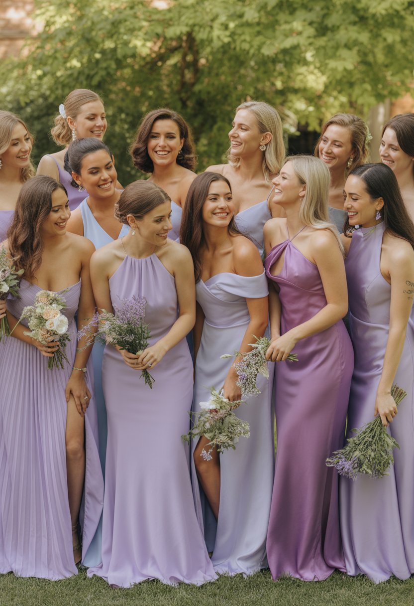 Thirteen bridesmaids standing together outdoors wearing different shades of lavender dresses, smiling and holding small flower bouquets.