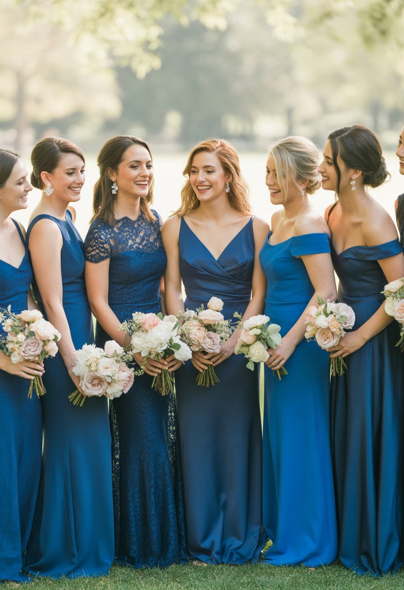 A group of bridesmaids wearing different styles of navy blue dresses standing together outdoors, smiling and holding flower bouquets.
