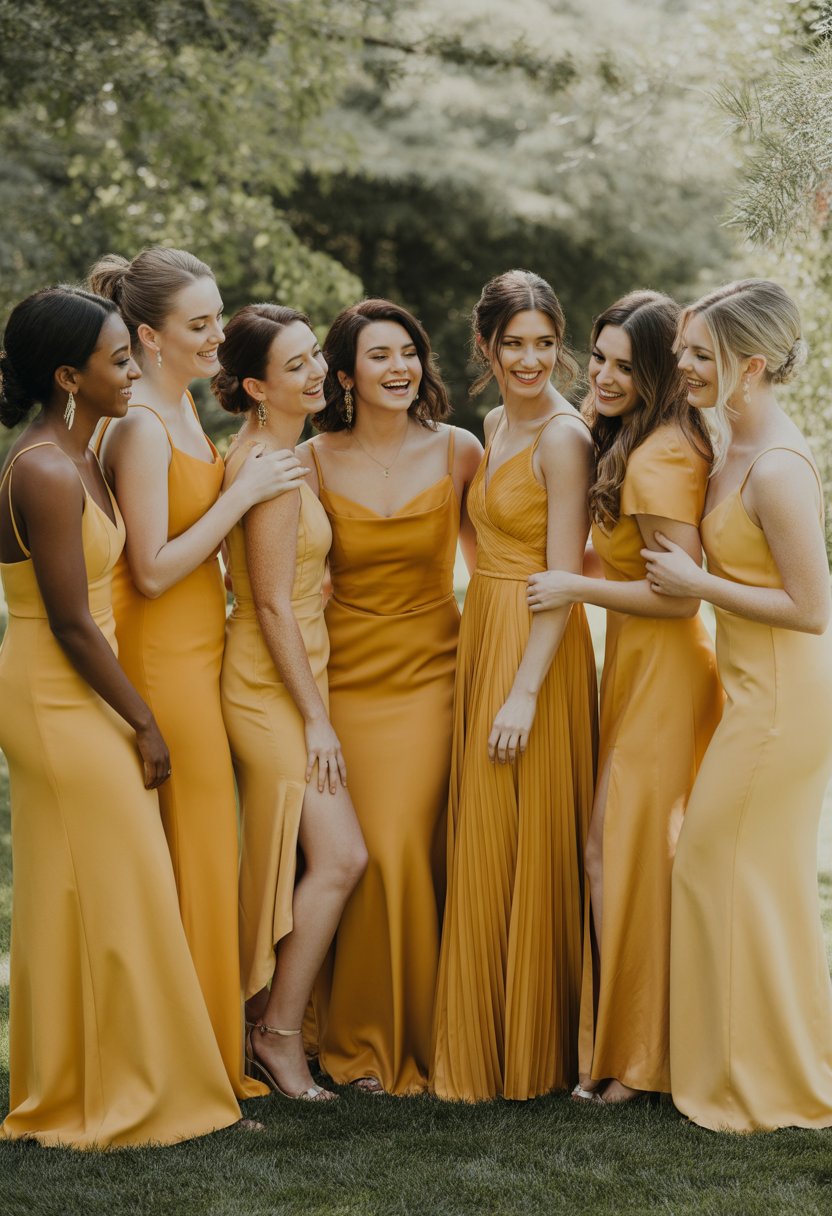 A group of bridesmaids wearing mustard yellow dresses standing together outdoors in a garden.