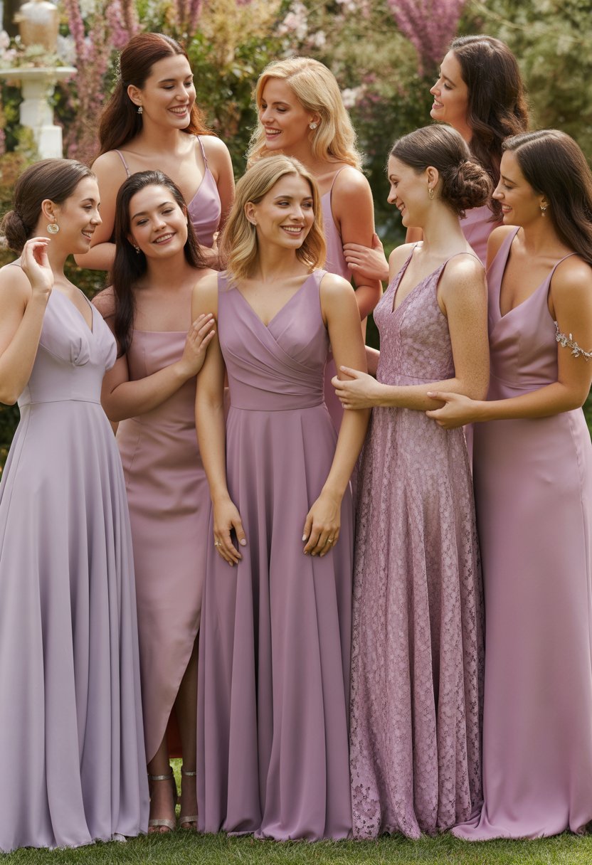 A group of bridesmaids wearing mauve dresses standing together outdoors in a garden setting.