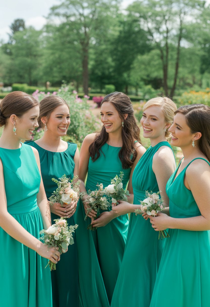 A group of bridesmaids wearing emerald green dresses standing together outdoors, smiling and holding bouquets.