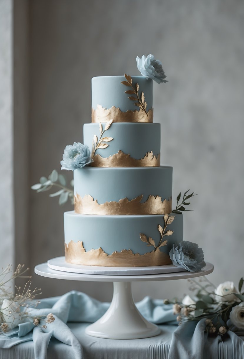 A three-tier dusty blue wedding cake with gold leaf decorations on a white stand.