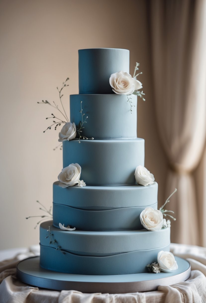 A multi-tiered dusty blue wedding cake with subtle floral decorations on a softly lit table.