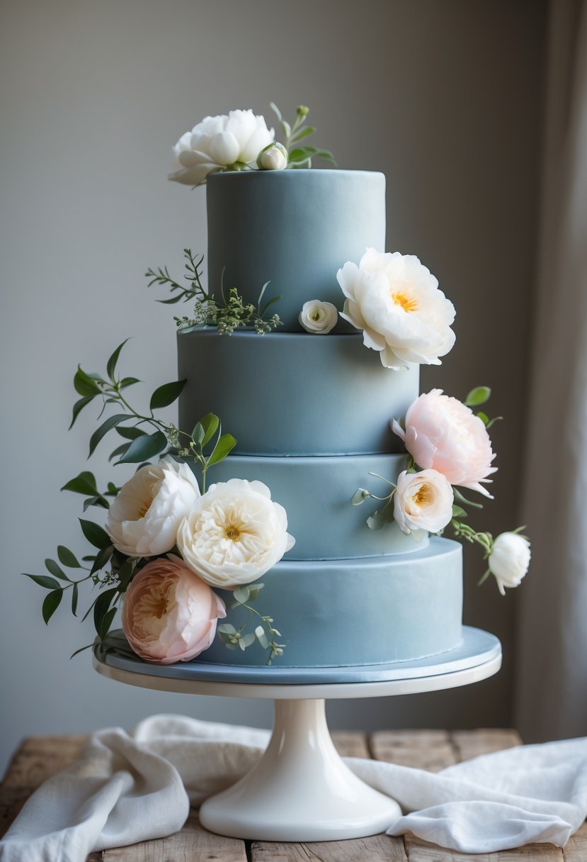 A three-tiered dusty blue wedding cake decorated with fresh white and pink flowers on a wooden table.