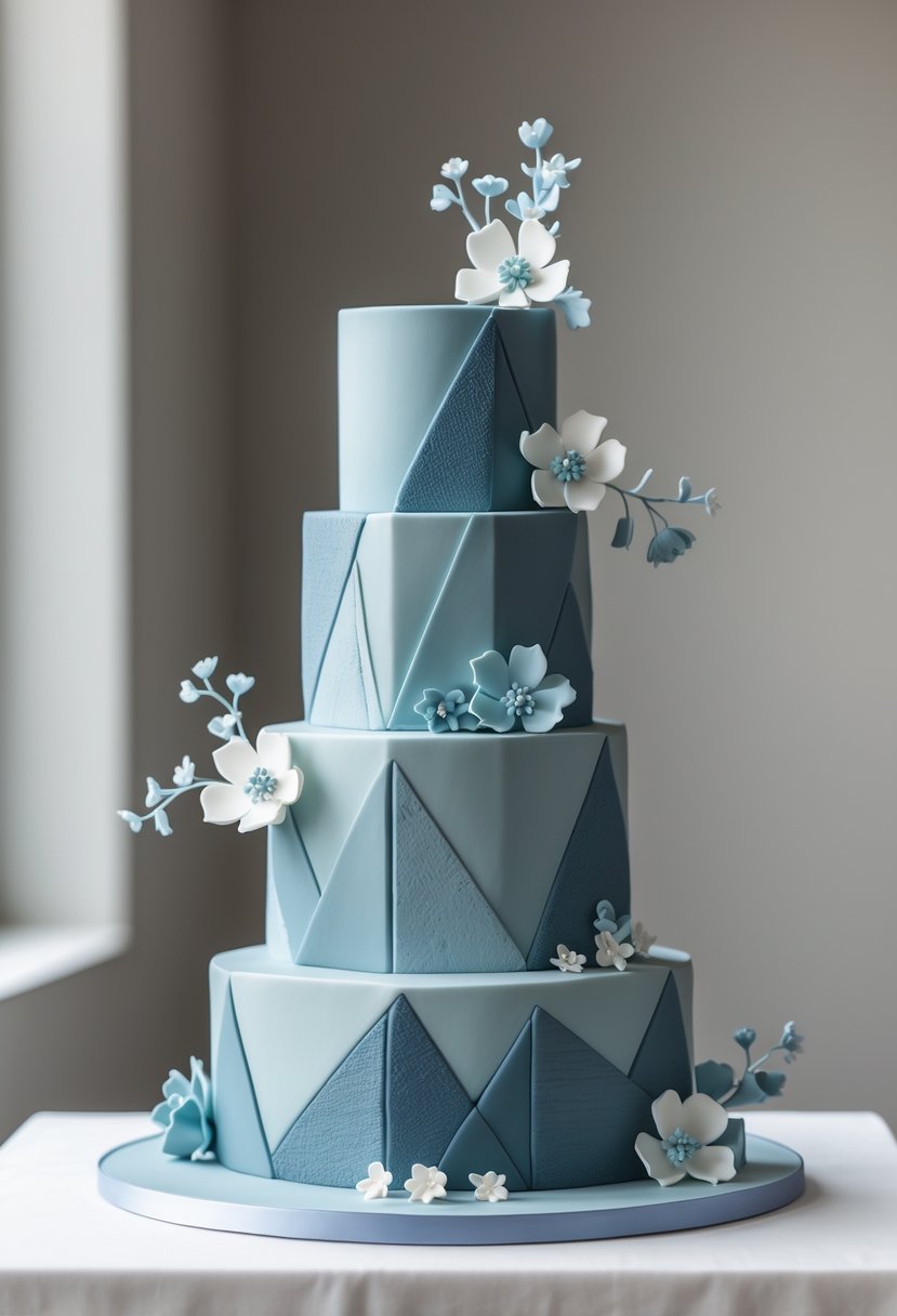 A multi-tiered dusty blue wedding cake with geometric patterns and small white flowers on a white surface.