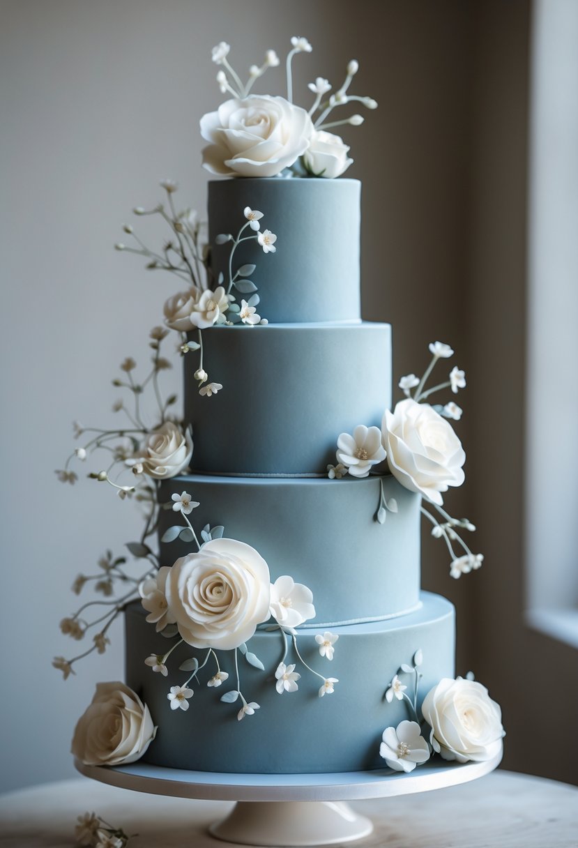 A multi-tiered dusty blue wedding cake decorated with white flowers on a white cake stand.