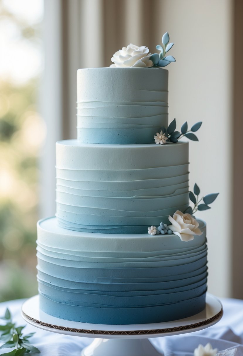 A multi-tiered wedding cake with dusty blue ombre frosting and small white flowers on a white cake stand.