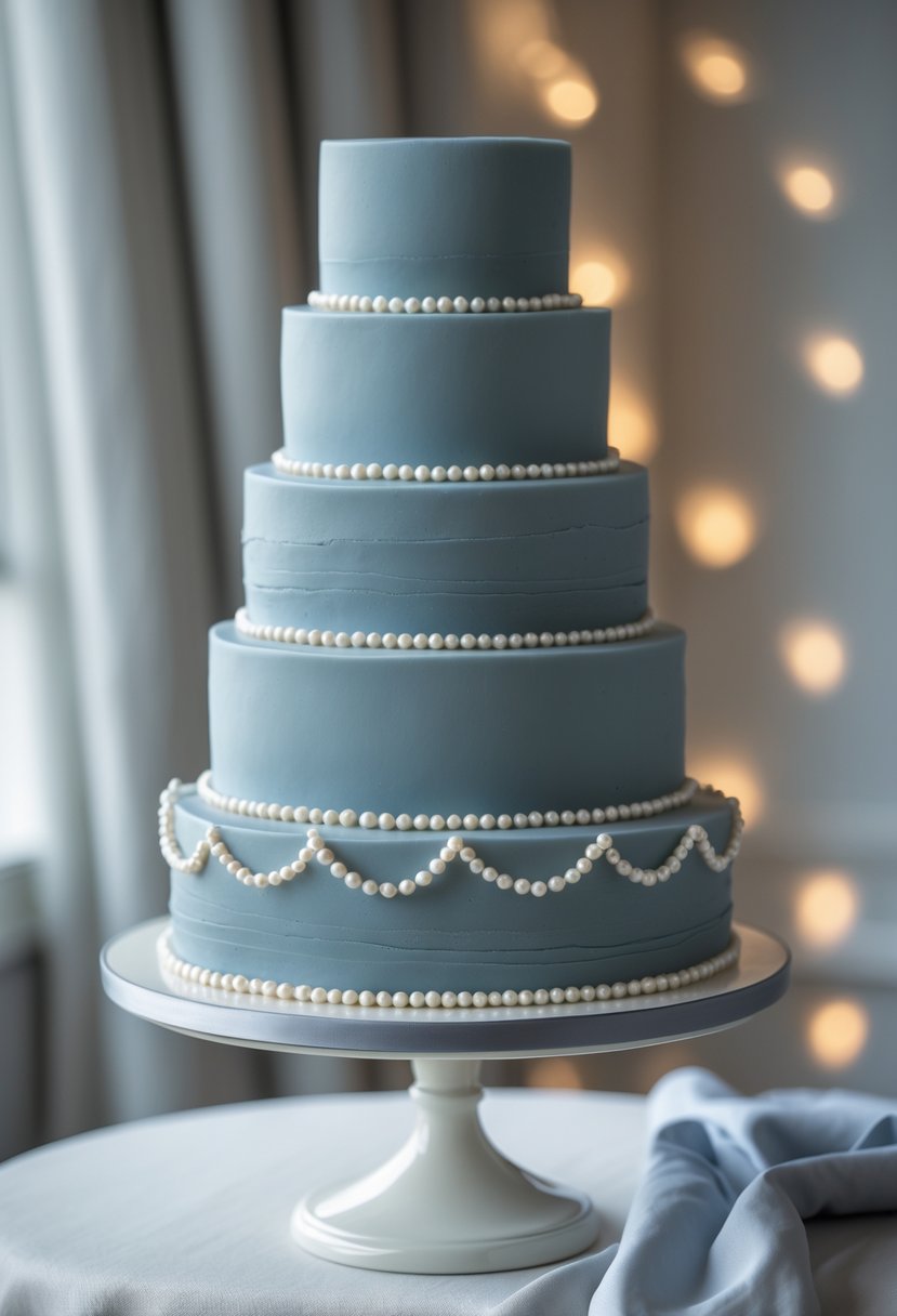 A multi-tiered dusty blue wedding cake decorated with pearl beads on a white cake stand.