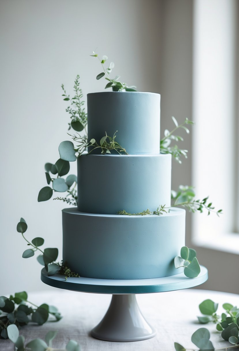 A multi-tiered dusty blue wedding cake decorated with green leaves on a cake stand.