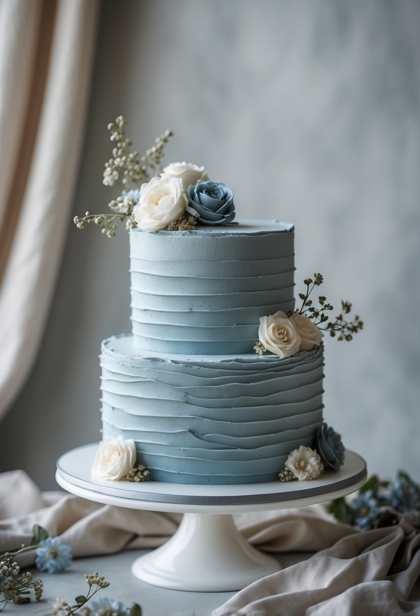 A textured dusty blue buttercream wedding cake on a white stand with subtle floral decorations.