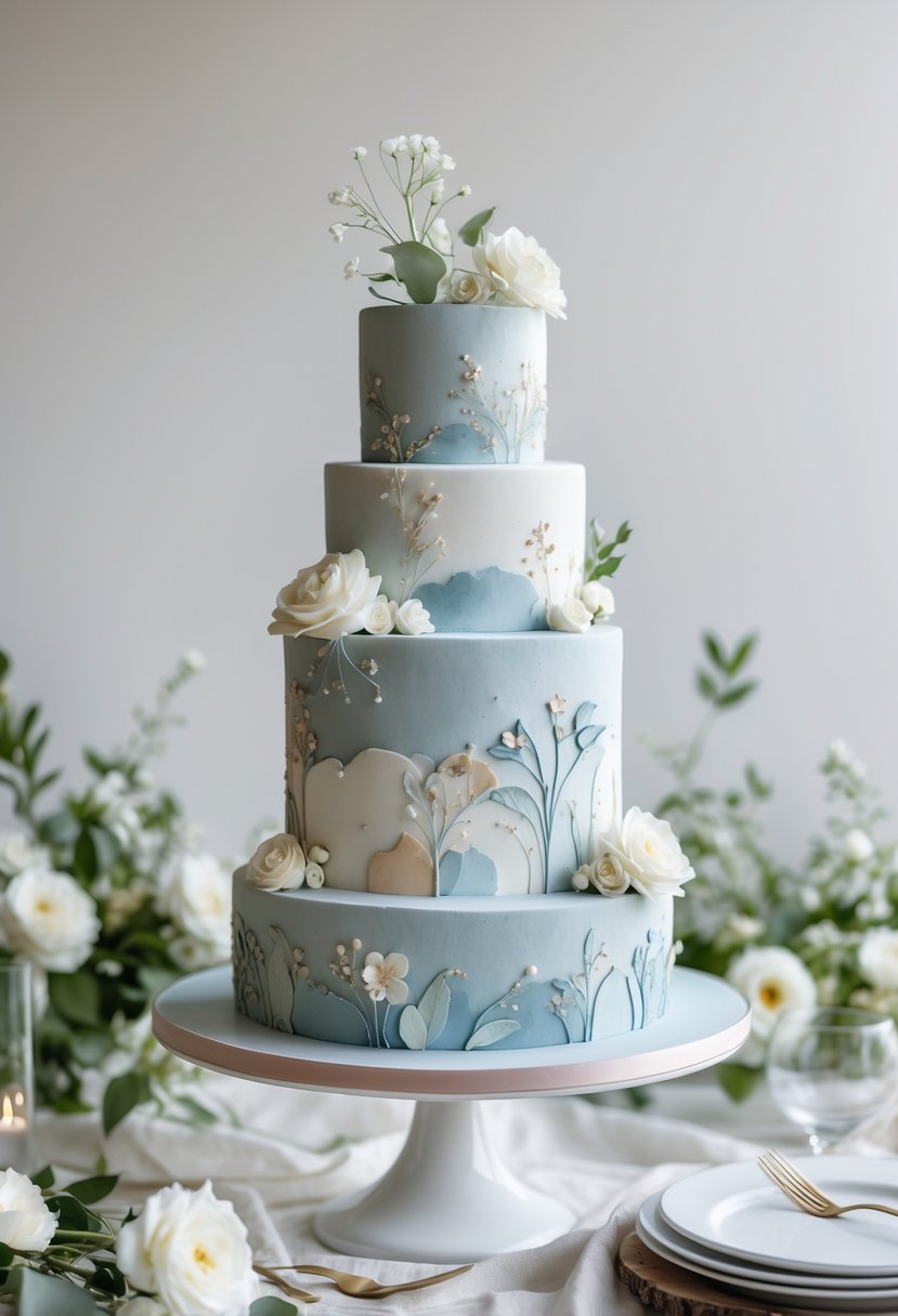 A multi-tiered dusty blue wedding cake decorated with hand-painted floral patterns on a white cake stand surrounded by flowers and greenery.