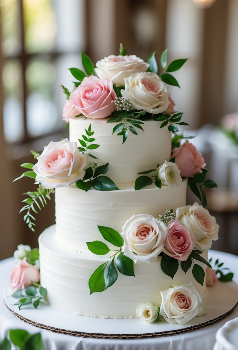 A multi-tiered white wedding cake decorated with fresh roses and green leaves.