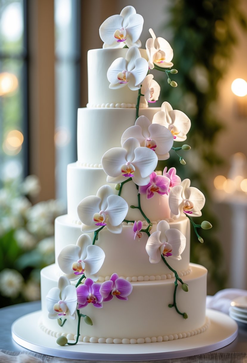 A multi-tiered wedding cake decorated with cascading edible sugar orchids.