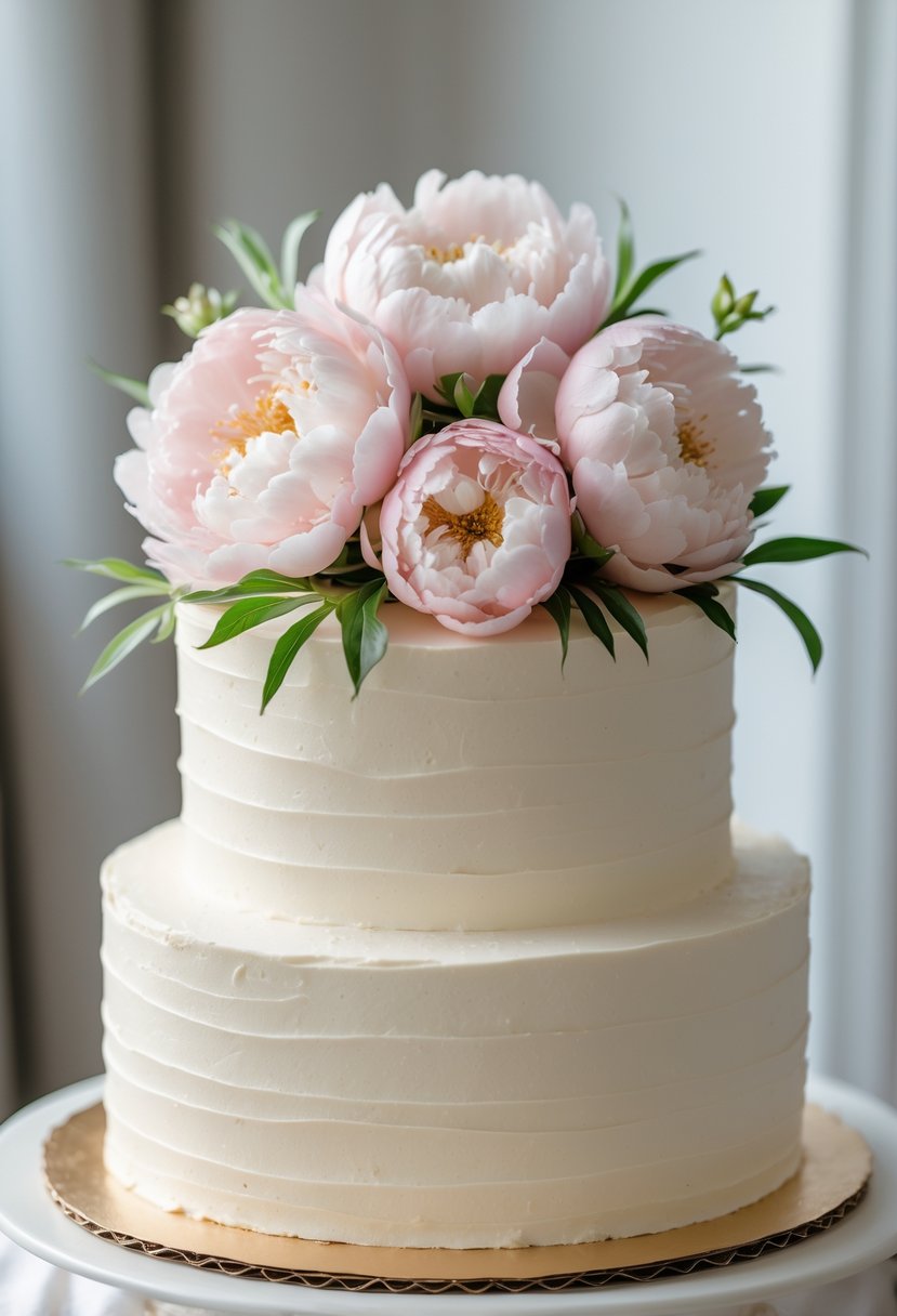 Ivory buttercream wedding cake topped with pale pink peonies on a blurred background.