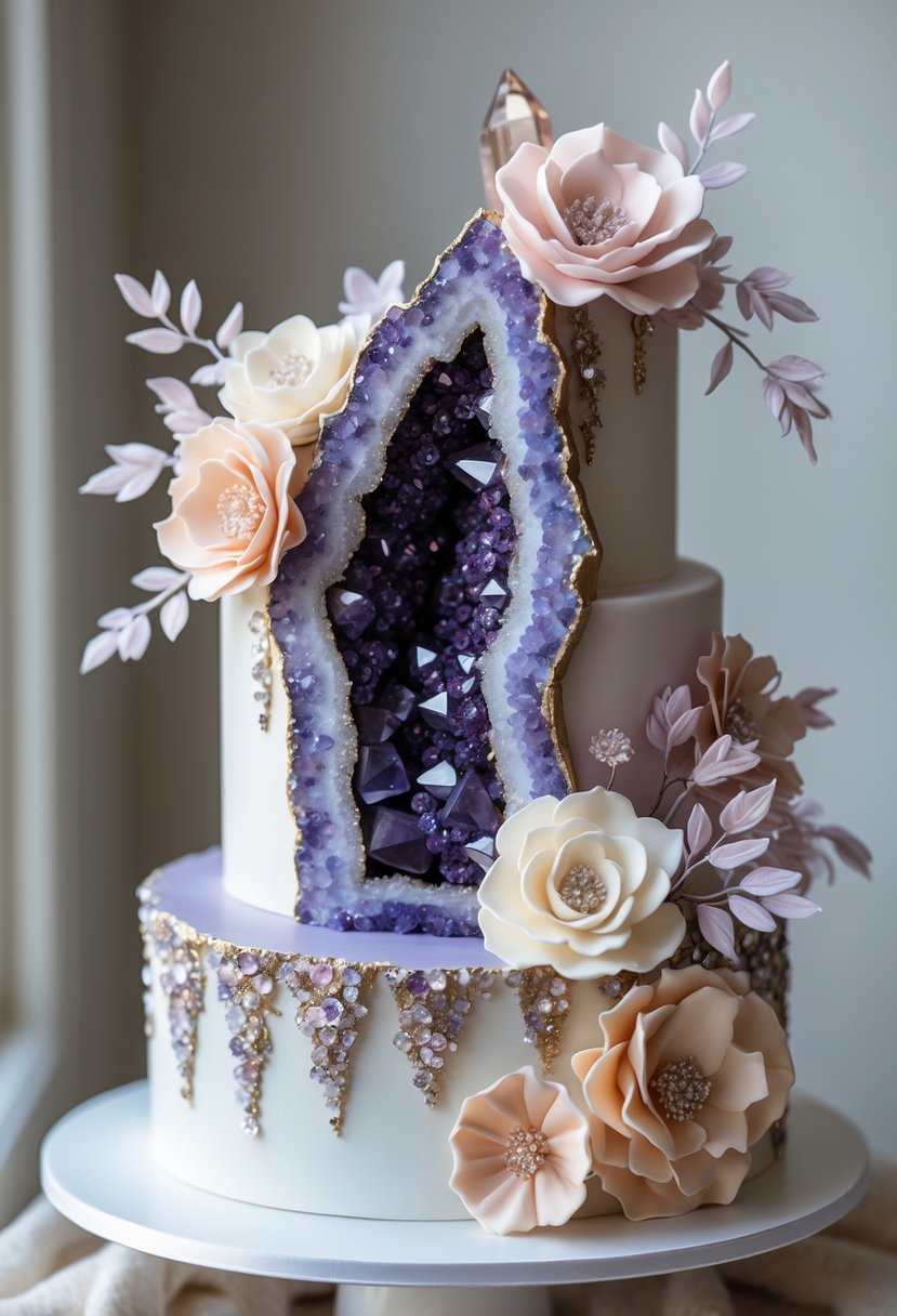 A multi-tiered wedding cake decorated with sparkling geode crystals and delicate sugar flowers in pastel colors.