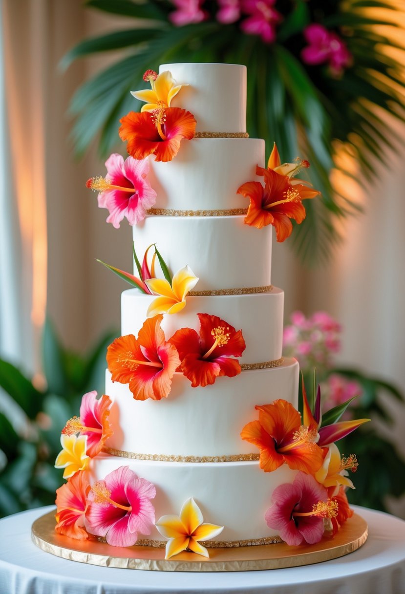 A tall multi-layered white wedding cake decorated with bright tropical flowers on a white table.